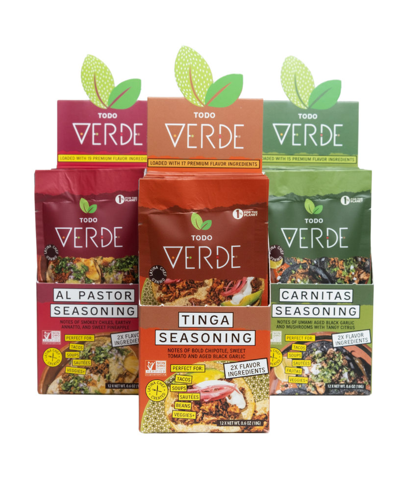 Todo Verde Mexican seasonings are all certified Non-GMO, naturally vegan and gluten free, and have 2X the spices than most taco seasoning. Our premium true-to-culture flavors in Al Pastor, Carnitas, and Tinga are chef-curated to level up Taco Tuesday!