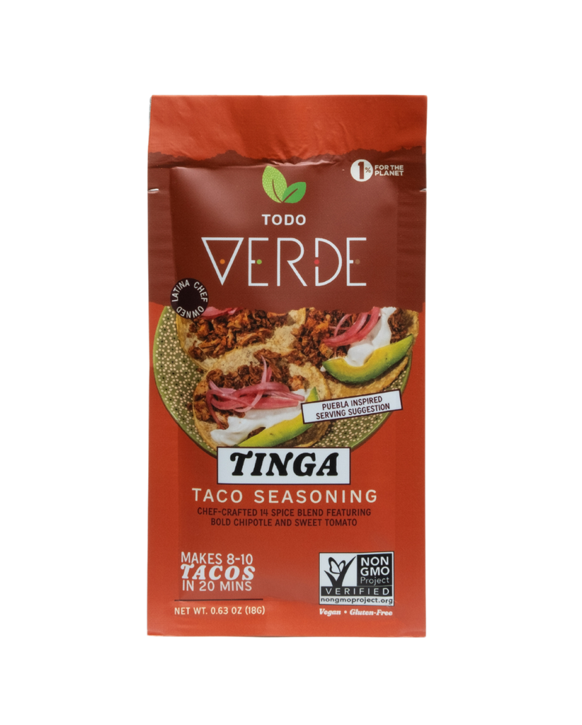 Todo Verde Tinga taco seasoning is certified Non-GMO, naturally vegan and gluten-free. Our true-to-culture flavor balances sweet tomato and smoky chipotle with aged black garlic and shallots in a single serve packet for a quick 20 minute meal. 