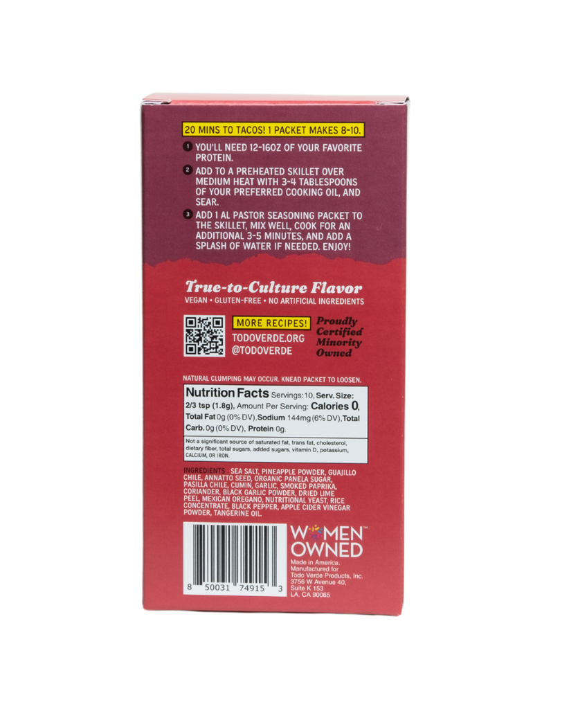 Todo Verde Al Pastor taco seasoning is certified Non-GMO, naturally vegan and gluten-free. Our true-to-culture flavor balances sweet pineapple and earthy achiote with aged black garlic and smokey guajillo in a single serve packet for a quick 20 minute meal. 