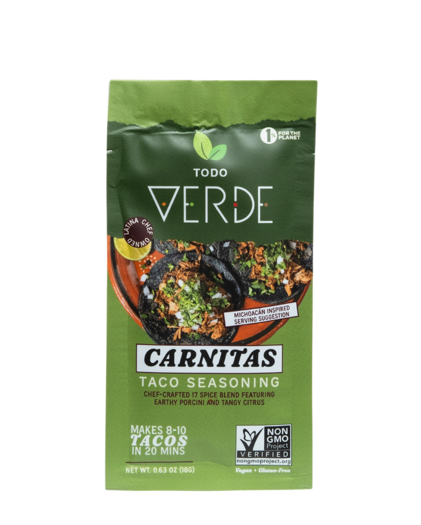 Todo Verde Carnitas taco seasoning is certified Non-GMO, naturally vegan and gluten-free. Our true-to-culture flavor balances earthy porcini and tangy tangerine with aged black garlic and cumin seed in a single serve packet for a quick 20 minute meal. 